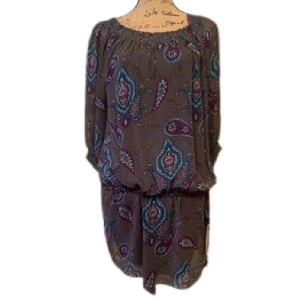Kensie gray paisley tunic dress balloon sleeves drawstring size Large L